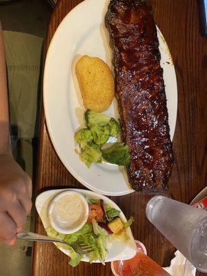 St. Louis Ribs the whole rack baby with a side of Fresh Steamed Broccoli and Garden Salad Side