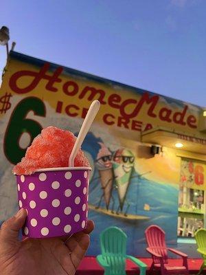 Sour watermelon shaved ice with mural background