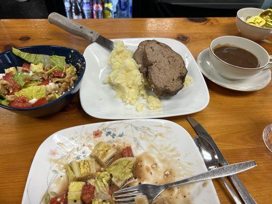 Meatloaf Lunch with Real Mashed Potatoes and cup of Beefy Gravy with a Side Salad