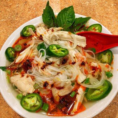 Pho Ga (Chicken Pho) With Jalapeños and Hot Chili Oil