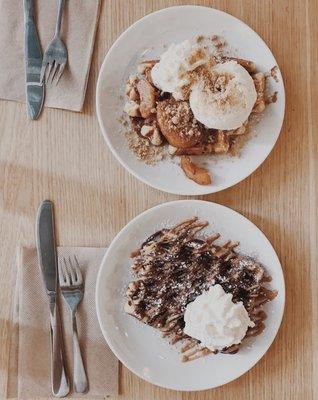 Apple pie waffle and a waffle with Nutella, chocolate, peanut butter and whipped cream!