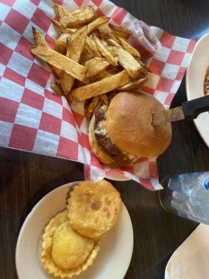 Burger and fries and ravioli