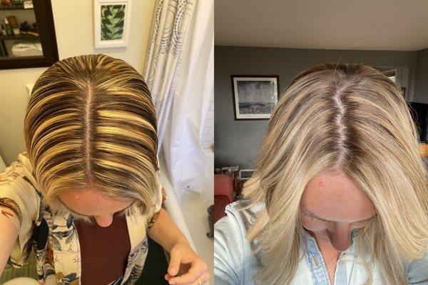 Before and after. I used a Groupon for a balayage at another salon and they made me look like a tiger. Rene fixed it beautifully!