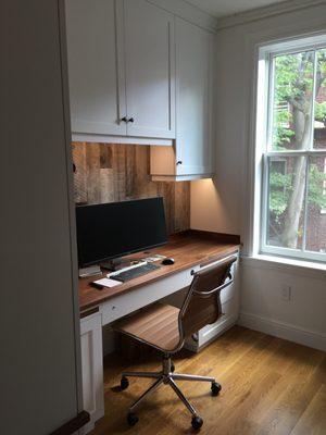 Home Office built-in for a South End townhouse. Walnut countertop has a section that raises on an electric lift to use as a standing desk!