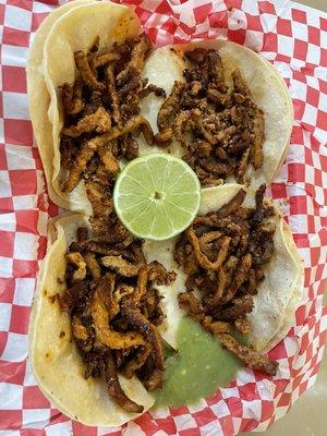 Adobada tacos with salsa verde (tacos don't come with onions or cilantro which is a plus for me!)