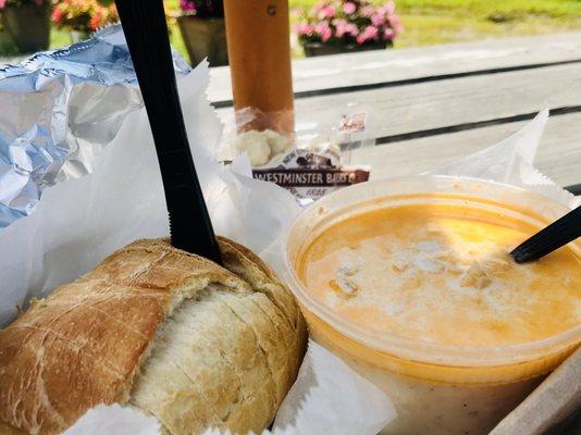 Seafood chowder comes with a mini loaf of crusty bread.