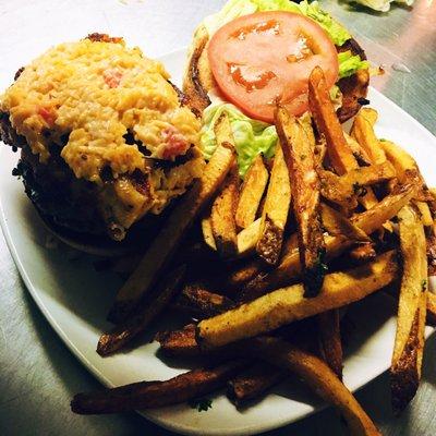 Kraken Burger topped with mac and cheese