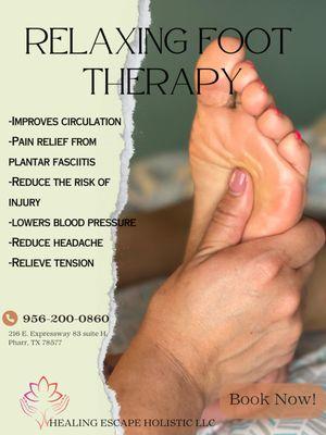 Release tension from your feet caused by constant pressure and everyday activity. Enjoy a relaxing foot therapy at HEALING ESCAPE HOLISTIC