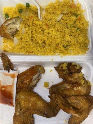 Shrimp fried rice and fried chicken