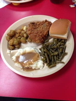 Lunch: Fried chicken, green beans, mashed potatoes, fried okra, and roll.