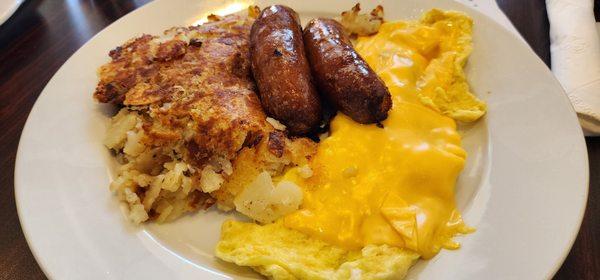 Two eggs, sausage and cheese