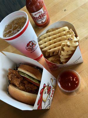 Fried Chicken Sandwich, Waffle Fries, Iced Tea. July 2020