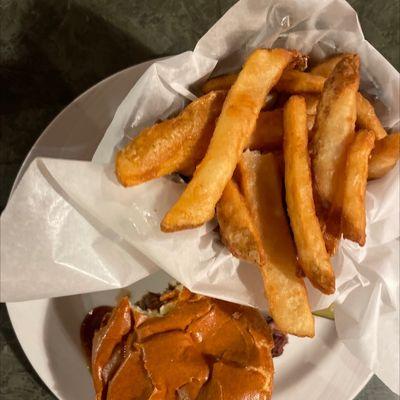 BBQ Brisket Sandwich with fries