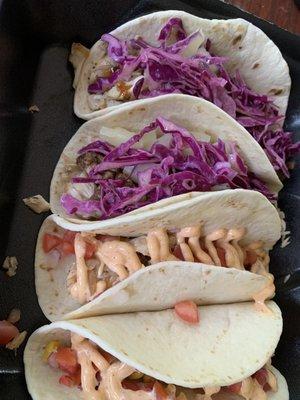 Jackfruit tacos, fish tacos with Cajun mayo