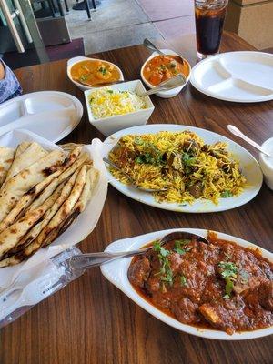 Mutton curry, mutton biriyani, butter Naan, coconut curry shrimp, chicken Tikka masala