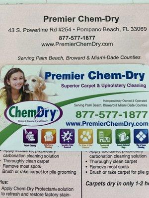 Premier Chem-Dry business card #877-577-1877