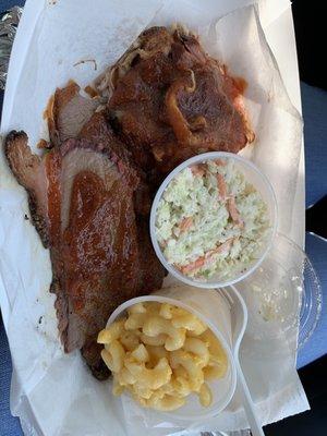 Pulled pork , brisket, Mac n cheese, and coleslaw