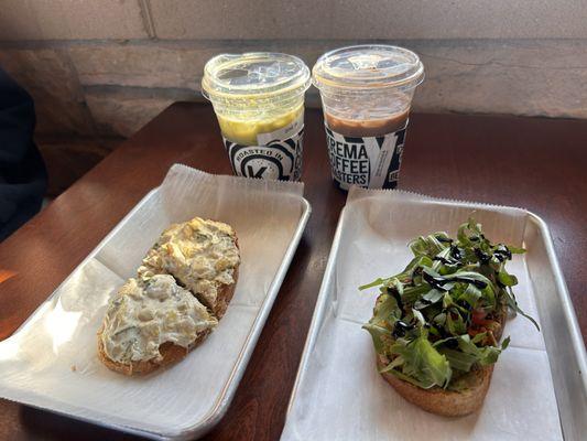 Iced matcha w/ vanilla (top left) artichoke and spinach dip on toast (bottom left) Iced Mocha (top right) avocado toast (bottom right)