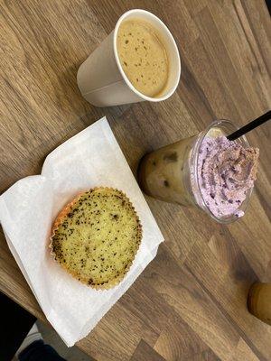 Pandan mamon, coconut cold brew w ube whip, and sweet corn shakerato