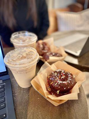 Chocolate doughnut w/ speciality sprinkles & 12oz vanilla iced coffee w/ cream