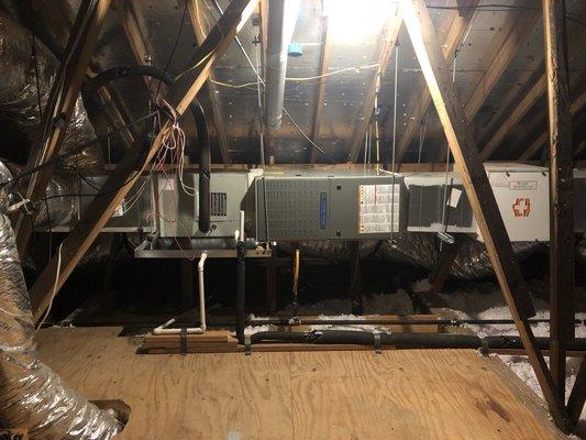 Variable speed complete system hung to provide more space and ventilation in attic