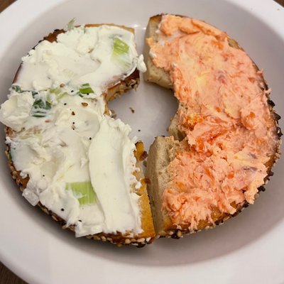 Everything bagel with scallion and lox cream cheeses