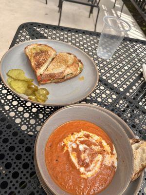 Tomato soup and chicken pesto panini