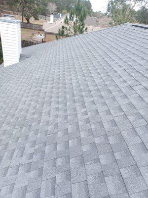 Shingle roof installed with GAF Timberline HDZ Shingles in the color, "Oyster Gray"