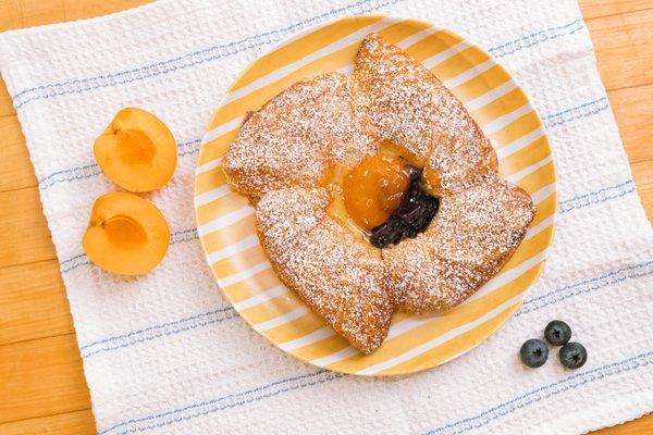 Fruit Danish

A beautiful round pastry with a cheese filling topped with blueberries and apricots.