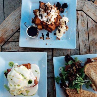 Croque madame, baked French toast, and Reuben sandwich