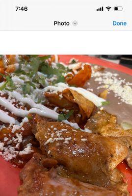 Chilaquiles and  chicken with beans