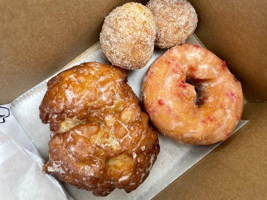 Apple fritter, strawberry donut, 2 holes