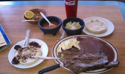 Lunch: carne asada plate, pupusa, and horchata