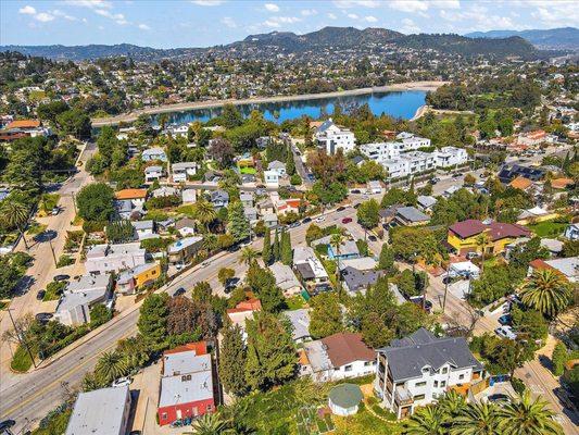 A neighborhood aerial shot of a property in Silver Lake.