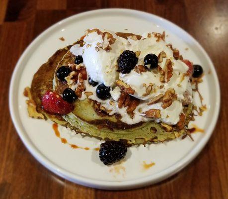 Matcha Tea Pancakes with House Made Whipped Cream and Berry Compote