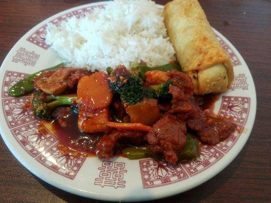 Spicy Beef and Broccoli, egg roll, white rice.