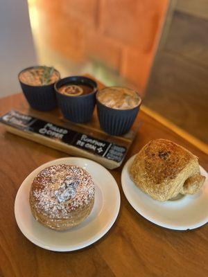 Fall coffee flight, almond croissant, and chocolate croissant