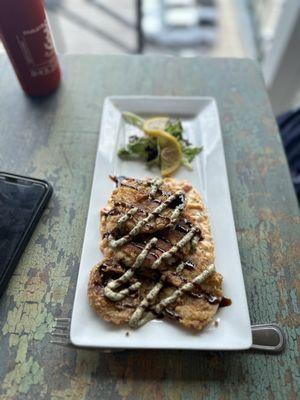 Quay stack (fried green tomatoes with crab cake, pesto goat cheese and balsamic glaze)