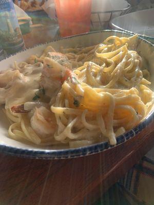 Shrimp pasta with tails on the shrimp