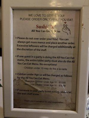 Rules regarding all you can eat.