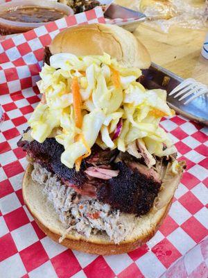 Pulled pork, ribs, slaw and sauce!  It's called the T-Man. ;)