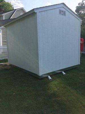 This was how Wes and Kevin turned it, using 3inch PVC pipe,a long bar for leverage, and a car jack to lift the shed to place the pipes.