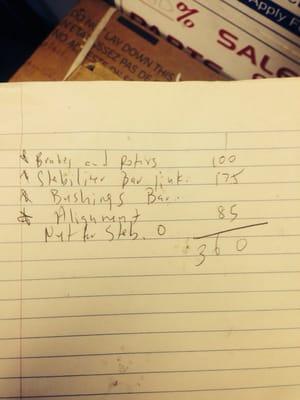 The chicken scratch bill the shop owner fabricated forcing me to pay on August 1st which I refused.