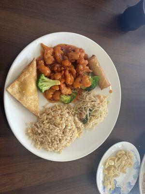 Orange Chicken, fried rice, egg roll and rice noodles 13.00