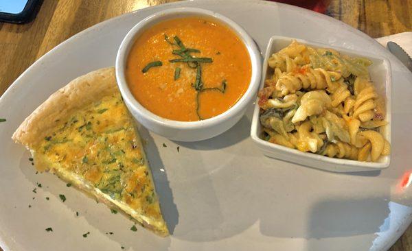 "Cafe Sampler" quiche, tomato basil soup, and pasta salad