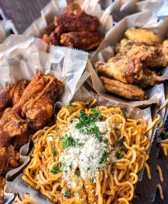 garlic noodles, cali rub, malaysian curry, lemon pepper