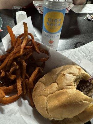 Coffee burger with sweet potato fries