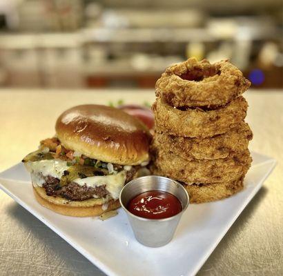 The New Mexico wagyu beef with hand breaded colosal onion rings