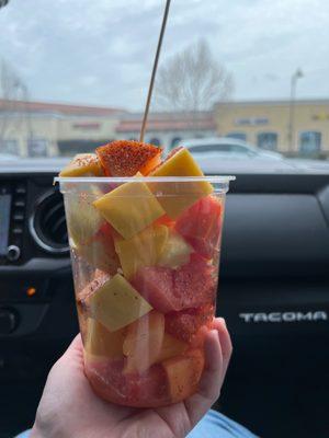 Watermelon, cantaloupe, mango, pineapple and papaya in a large cup