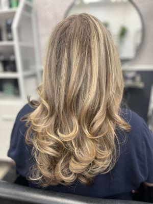 Long layers grey blending blonding